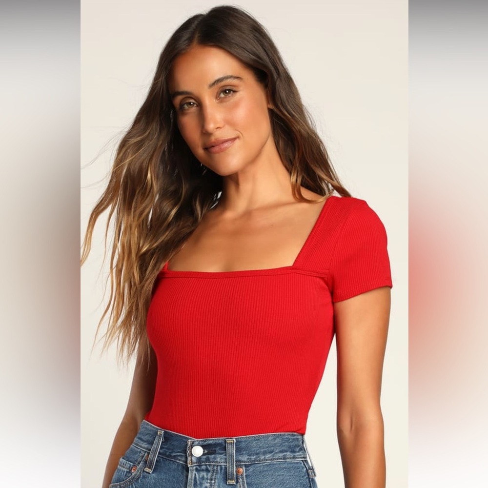 Lulus Always Confident Red Ribbed Square Neck Short Sleeve Bodysuit